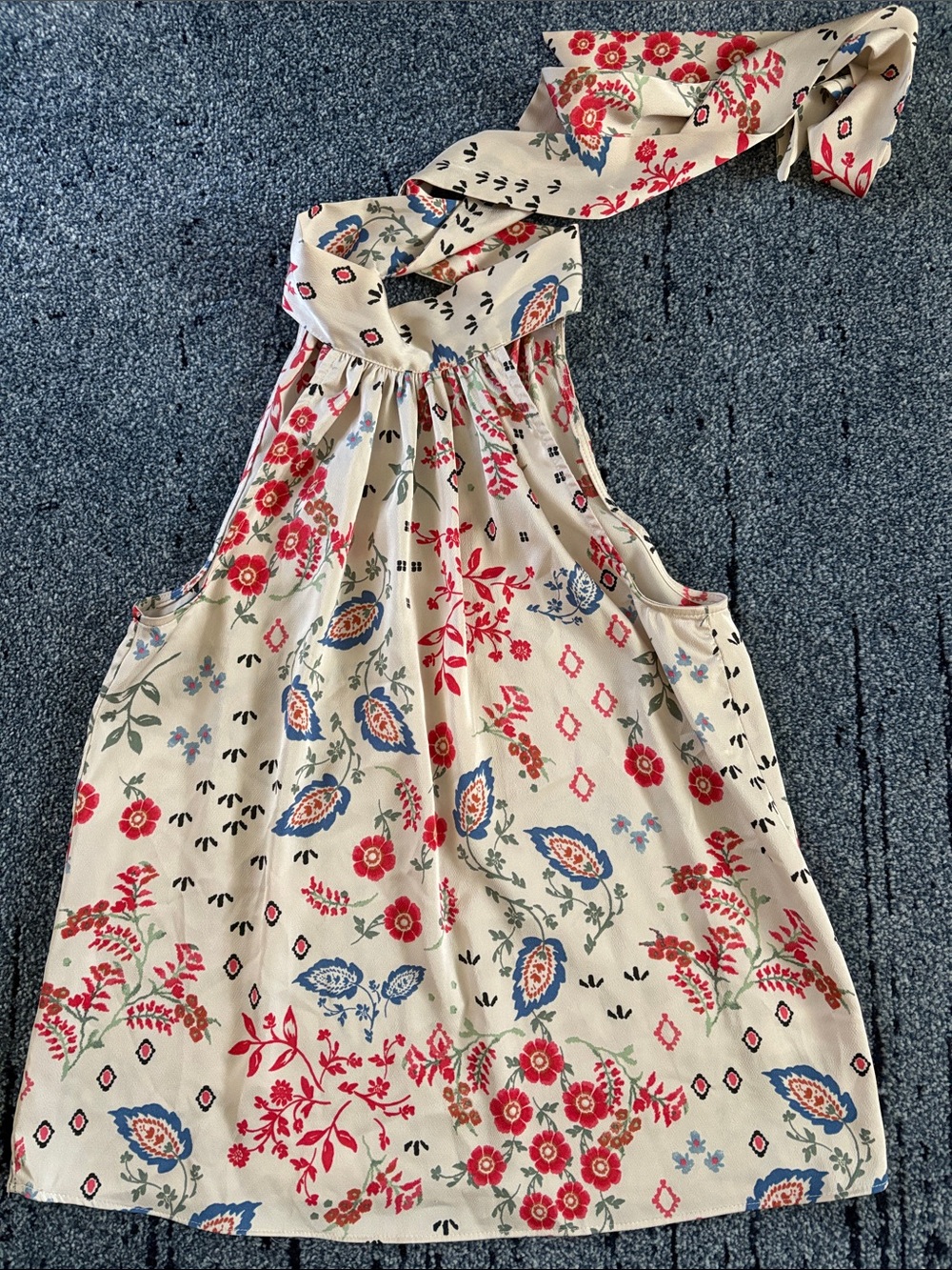 1 STATE Cream Halter Dress with Red & Blue Floral Print